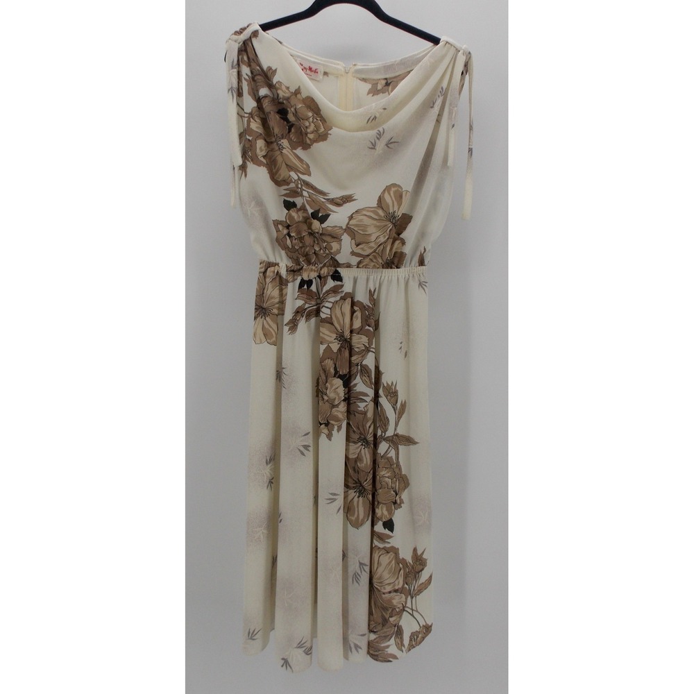 Vintage Mary Martin Cream Floral Cowl Neck Sleevelesss Midi Dress MEDIUM 70s - Picture 2 of 8
